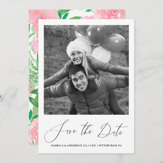 シックなピンクのフローラ書道の写真の保存日付 セーブザデート (正面/裏面)