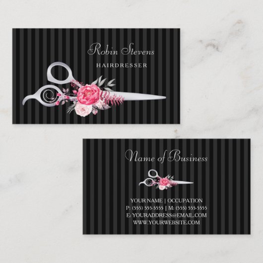 シックなピンクのフローラ美容用フェイクシルバーハサミ 名刺 (正面/裏面)