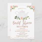 シックなピンクのフローラ葉ティーパーティーブライダルシャワー 招待状 (正面/裏面)