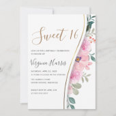 シックなピンクのフローラ葉Sweet sixteen16誕生日 招待状 (正面)