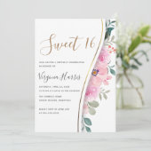 シックなピンクのフローラ葉Sweet sixteen16誕生日 招待状 (スタンド正面)