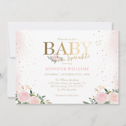 シックなピンクのフローラ金ゴールドガールベビー散水シャワー 招待状 (正面)