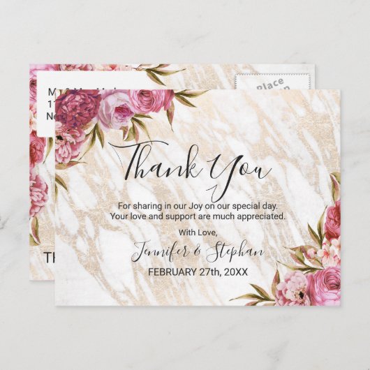 シックなピンクのフローラ金ゴールド大理石ありがとう ポストカード (正面/裏面)