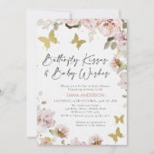 シックなピンクのフローラ金ゴールド蝶キス赤ちゃんシャワー 招待状 (正面)