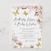 シックなピンクのフローラ金ゴールド蝶キス赤ちゃんシャワー 招待状 (正面/裏面)