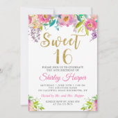 シックなピンクのフローラSweet sixteen16誕生日写真 招待状 (正面)