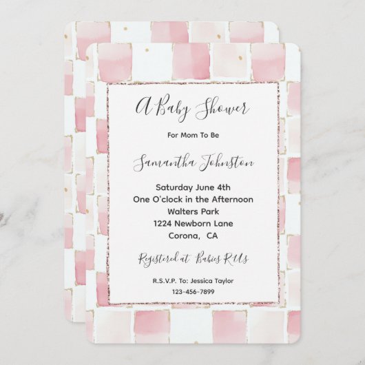シックなピンクのホワイトスクウェア赤ちゃんシャワー 招待状 (正面/裏面)