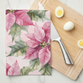シックなピンクのポインセチア花クリスマス キッチンタオル (四つ折り)