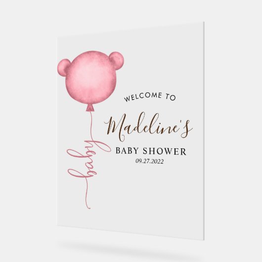 シックなピンクのミニマリストベアーバルーンベビーシャワー アクリルサイン (傾斜)