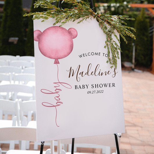 シックなピンクのミニマリストベアーバルーンベビーシャワー ポスター
