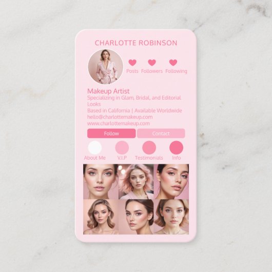 シックなピンクのメイクアップ美しいソーシャルメディアのインフルエンサー 名刺 (正面)