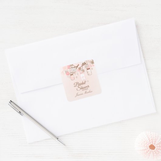 シックなピンクのメイスンジャーフローラブライダルシャワーシール スクエアシール (封筒)
