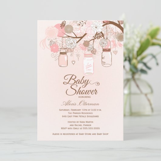 シックなピンクのメーソンジャーの花のベビーシャワーの招待 招待状 (スタンド正面)