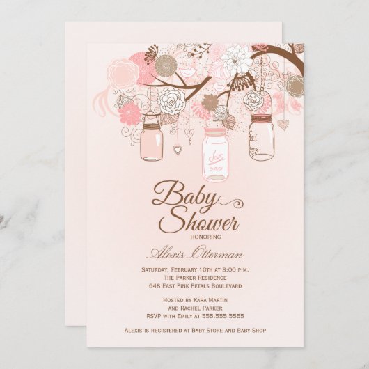シックなピンクのメーソンジャーの花のベビーシャワーの招待 招待状 (正面/裏面)