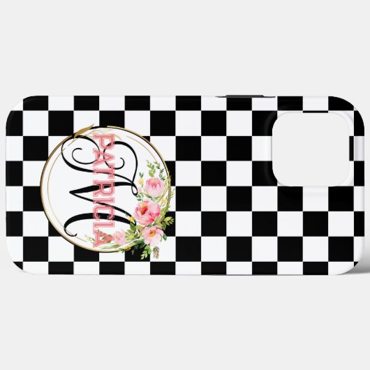 シックなピンクのモノグラムの花の黒と白市松模様に Case-Mate iPhoneケース (裏面 (横))
