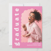 シックなピンクのレトロフォント波形アーチ写真卒業 招待状 (正面)