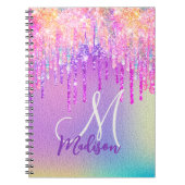 シックなピンクのローズユニコーン滴下グリッターモノグラム ノートブック (正面)