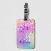 シックなピンクのローズユニコーン滴下グリッターモノグラム ラゲッジタグ (正面縦)