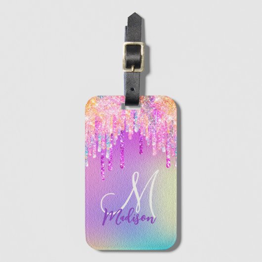 シックなピンクのローズユニコーン滴下グリッターモノグラム ラゲッジタグ (正面縦)