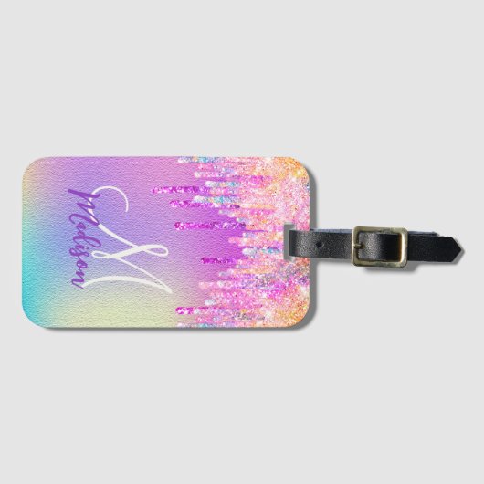 シックなピンクのローズユニコーン滴下グリッターモノグラム ラゲッジタグ (正面横)