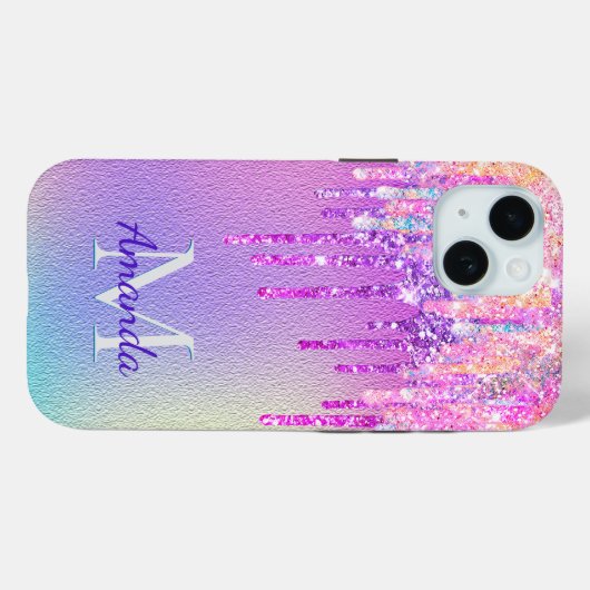 シックなピンクのローズユニコーン滴下グリッターモノグラム Case-Mate iPhoneケース (裏面 (横))