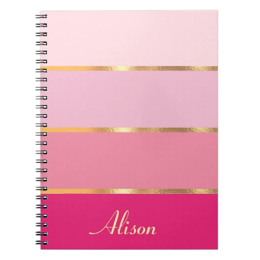 シックなピンクのワイドストライプ金ゴールド名 ノートブック (正面)