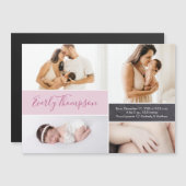 シックなピンクの名前をカスタムするとベビーガールの写真コラージュ マグネット招待状 (正面/裏面)