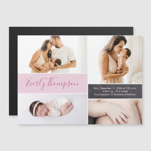 シックなピンクの名前をカスタムするとベビーガールの写真コラージュ マグネット招待状 (正面/裏面)
