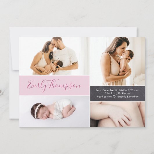シックなピンクの名前をカスタムするとベビーガールの写真コラージュ 案内状 (正面)