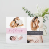 シックなピンクの名前をカスタムするとベビーガールの写真コラージュ 案内状 (スタンド正面)