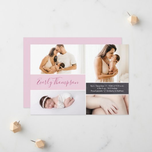 シックなピンクの名前をカスタムするとベビーガールの写真コラージュ 案内状 (正面/裏面インサイチュ)