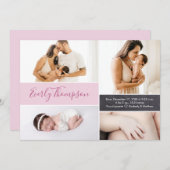 シックなピンクの名前をカスタムするとベビーガールの写真コラージュ 案内状 (正面/裏面)