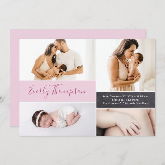 シックなピンクの名前をカスタムするとベビーガールの写真コラージュ 案内状 (正面/裏面)