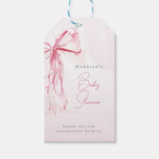 シックなピンクの弓の水の色の女の子ベビーシャワー ギフトタグ (正面)
