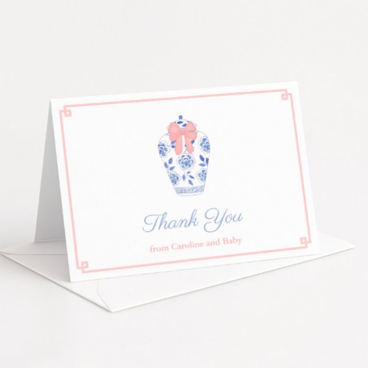 シックなピンクの弓ジンジャージャベビーシャワーパーソナライズされた サンキューカード