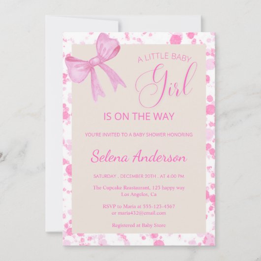 シックなピンクの弓ベビーガールシャワー 招待状 (正面)
