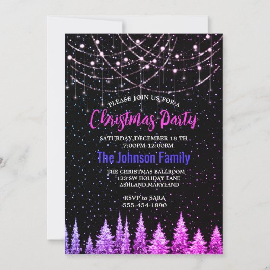 シックなピンクの木クリスマスライト 招待状 (正面)