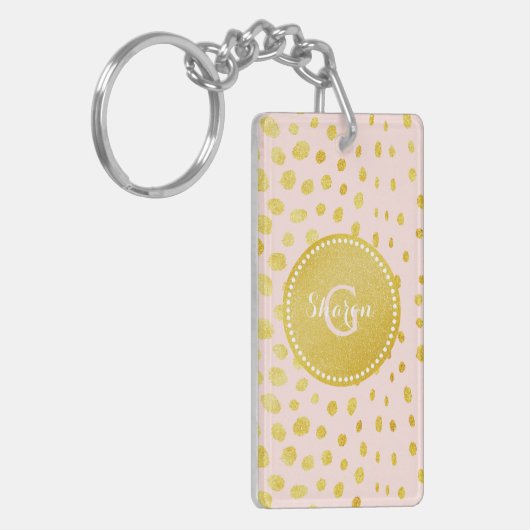 シックなピンクの模造のな金ゴールドのグリッターのチータのプリントのモノグラム キーホルダー (正面左)