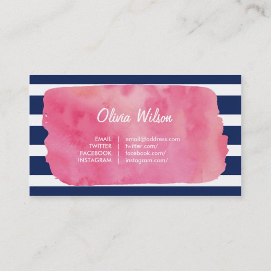 シックなピンクの水の色とブルーのストライプソーシャルメディア 名刺 (裏面)