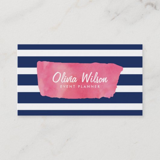 シックなピンクの水の色とブルーのストライプソーシャルメディア 名刺 (正面)