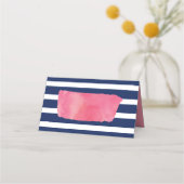 シックなピンクの水の色とブルーのストライプ プレイスカード (正面)