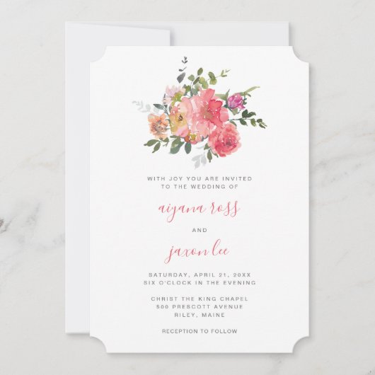 シックなピンクの水の色牡丹のブーケ結婚ーズ 招待状 (正面)