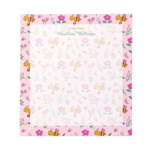 シックなピンクの水の色bee wildflowers pattern名前 ノートパッド (正面)