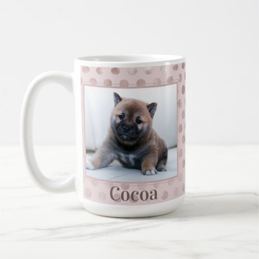 シックなピンクの水玉模様ペットフォト コーヒーマグカップ (左)
