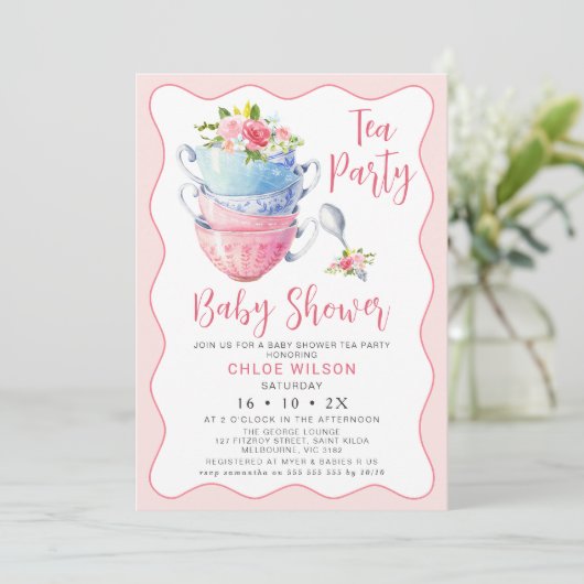 シックなピンクの波フローラベビーシャワーティーパーティー 招待状 (スタンド正面)