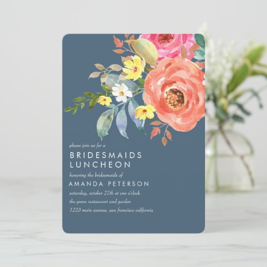 シックなピンクの牡丹の花嫁のランチョンブルー結婚ズ 招待状 (スタンド正面)