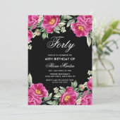 シックなピンクの牡丹フローラブラック40th誕生日 招待状 (スタンド正面)
