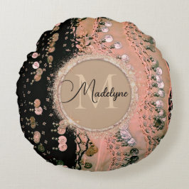 シックなピンクの珊瑚と黒ジプシーのスカーフ ラウンドクッション