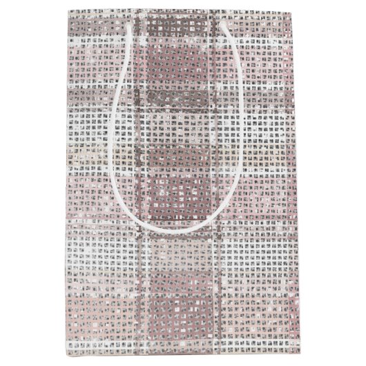 シックなピンクの白い格子模様のストライプクリスマススススパークル ミディアムペーパーバッグ (正面)