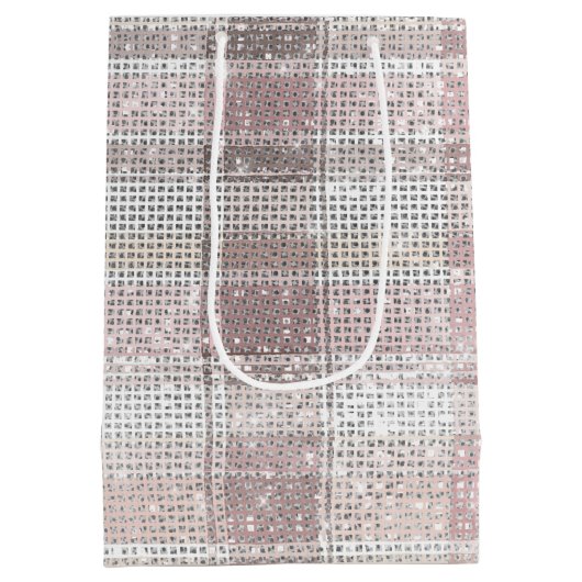 シックなピンクの白い格子模様のストライプクリスマススススパークル ミディアムペーパーバッグ (裏面)